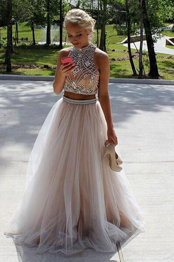 Two Piece High Neck Open Back Tulle Sequins Sleeveless Floor-Length Prom Dresses uk PM394