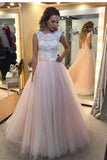 A-Line Light Pink Tulle with White Lace Appliqued Open Back Floor-Length Prom Dresses uk
