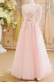 Charming A-Line Appliques Tulle Sexy Long Pink Floor-Length Prom Dresses uk PM289