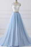 A-Line Lace Open Back V-Neck with Sash Blue and White Cap Sleeve Prom Dresses UK PH432