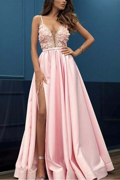 A Line Pink V Neck Sleeveless Spaghetti Straps High Slit Prom Dresses With Appliques PW366