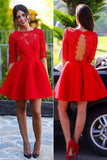 Red Homecoming Dress,Sexy Long sleeve Backless Lace homecoming Dress