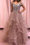 Elegant Rhinestones Layered Off the Shoulder Prom Dresses, Rose Pink Tulle Party Dresses P1365