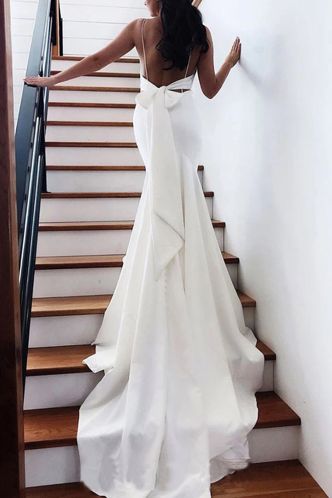 Princess Spaghetti Straps Backless V Neck Mermaid Wedding Dresses Bridal Dresses W1116