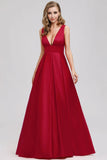 A Line Satin Red Deep V Neck Backless Prom Dresses Simple Dance Dresses P1189