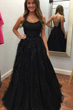 A Line Round Neck Black Lace Prom Dresses with Beading, Beads Criss Cross Party Dresses P1322