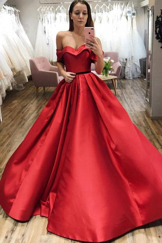 Red Ball Gown Off the Shoulder V Neck Satin Prom Dresses, Evening Dresses P1473