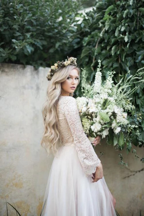 Long Sleeve Lace Top Beach Wedding Dress With Slit Ivory Wedding Gowns ...