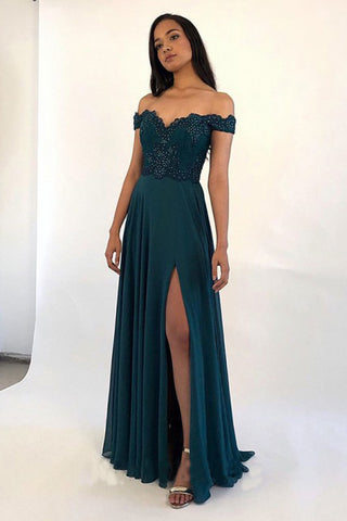 Elegant Off the Shoulder Dark Green Split Chiffon Sweetheart Prom Dress with Beads P1559