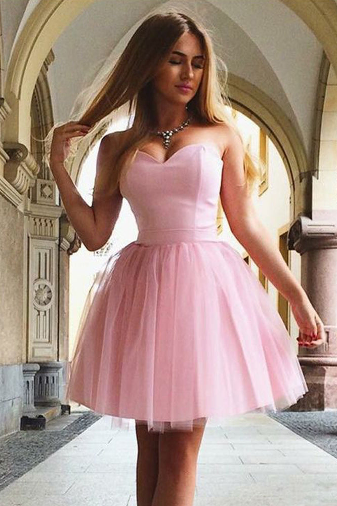 Cute A Line Sweetheart Strapless Tulle Pink Short Prom Dresses Homecoming Dresses Uk On Sale