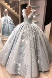 Ball Gown V Neck Floor Length Prom Dresses with Appliques, Quinceanera Dress W1433