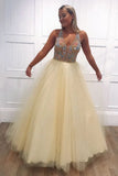 Light Yellow Tulle Beading V-Neck Long Prom Dress with Open Back Evening Dress P1381