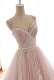A Line Pink Sweetheart Tulle Spaghetti Straps Long Lace Prom Dress Z1804