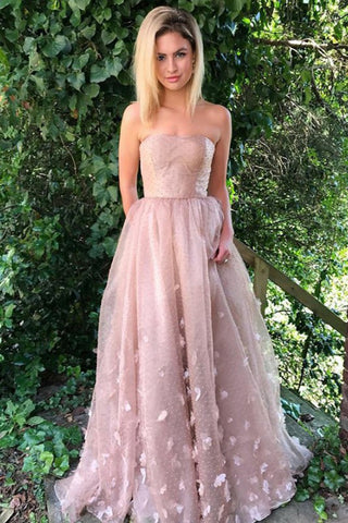 Princess A-Line Strapless Pink Lace Sleeveless Tulle Appliques Pockets Prom Dresses uk PH822