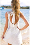Short Open Back White Appliques Short Stretch Satin Homecoming Dress with Lace PM129