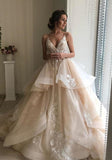 Spaghetti Straps V Neck Wedding Dresses with Layer, Sleeveless Wedding Gowns W1156
