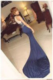 Sexy Mermaid High Neck Navy Blue Long Prom Dress Party Cocktail Dress