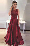 A Line Round Neck V-Back Maroon Satin Sleeveless Prom Dresses with Lace PH394