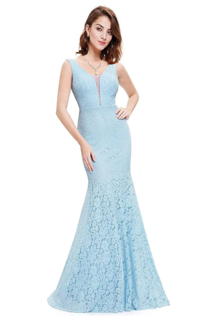 Sexy Fitted Lace Mermaid Blue V Neck Long Prom Dresses Evening Dresses P1169