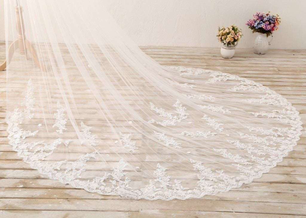 3M Long Embroidered Lace Appliques Tulle Cathedral Veil for Wedding Wedding Veil PH869