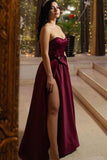 Unique A Line Burgundy Sweetheart Satin Strapless Prom Dresses, Evening Dresses P1504