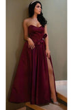 Unique A Line Burgundy Sweetheart Satin Strapless Prom Dress Evening Dress P1504