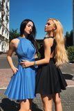 Simple A Line Halter Open Back Satin Blue Short Homecoming Dresses uk with Pockets PH945
