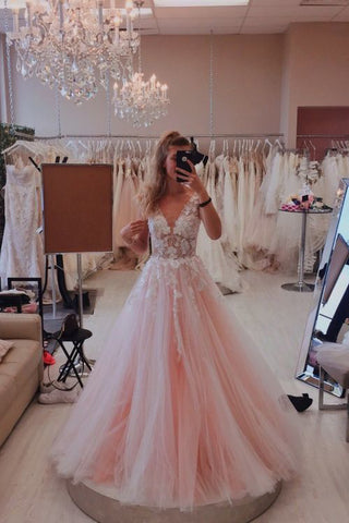 Charming Ball Gown Pink Tulle Lace Appliques V-Neck Prom Dress Party Dress P1569