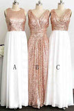 A Line Gliiter Rose Gold Sequins White Chiffon Long Bridesmaid Dresses,Prom Dress PH583
