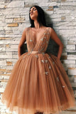 Ball Gown Tulle V Neck Homecoming Dresses with Appliques, Short Prom Dresses P1450