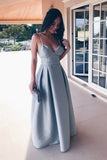 Elegant A-line Straps Backless Sleeveless Satin V-Neck Blue Long Prom Dresses uk PM283