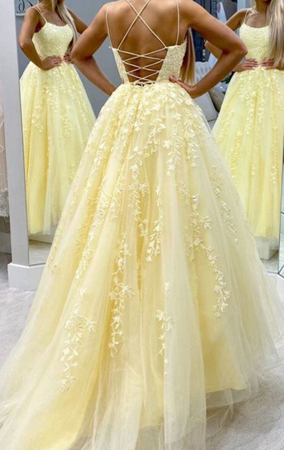A Line Yellow Tulle Prom Dress with Lace Appliques Criss Cross Straps Formal Dress P1320