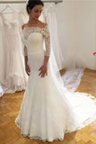 Unique Mermaid Off the Shoulder Ivory Lace 3/4 Sleeves Wedding Dress Wedding Gowns W1192