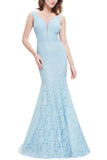 Sexy Fitted Lace Mermaid Blue V-Neck Long Prom Dresses Evening Dresses P1169
