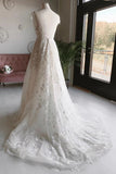 Elegant A Line V-Neck Long Prom Dresses Appliques Backless Wedding Dresses W1133