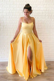 Unique Satin A Line Yellow Prom Dresses, Long Cheap Dance Dresses P1524