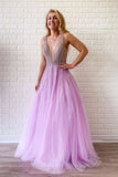 A Line Lilac Deep V Neck Beads Modest Tulle Prom Dresses, Long Formal Dresses P1390