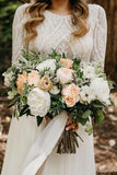 A Line Long Sleeves Top Lace Beach Bohemian Wedding Dress with Chiffon W1250