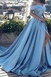Blue Off-the-shoulder Ball Gown Split Princess Beach Prom Dresses Quinceanera Dresses PM120