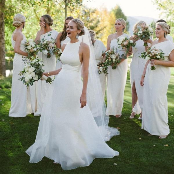 Simple Cheap Open Back Affordable Long Chiffon White Wedding Brides Dresses PM126