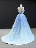 Light Blue Tulle Beaded Long Open Back Ruffles Prom Dress Evening Dress P1554