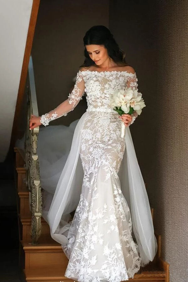 Mermaid Long Sleeve Lace Appliques Off the Shoulder Detachable Train Wedding Dresses W1110