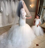Long Short Sleeves Mermaid Lace Appliques Tulle Flower Girl Dress Wedding Party Dress PW119