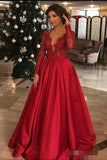 A Line Beads Satin Red Long Sleeve Lace Elegant Prom Dress Evening Dress P1287