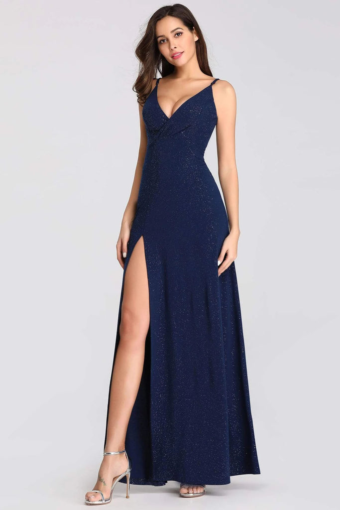 Sexy V-Neck Long Spaghetti Straps Mermaid Navy Blue Prom Dresses with High Split P1174