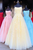 A Line Tulle Yellow Spaghetti Straps Prom Dresses with Appliques, Party Dresses P1505