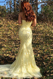 Yellow Mermaid Strapless Lace Appliques Prom Dress with Slit Evening Dress P1511