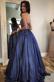 Charming Navy Blue Halter A Line Long Prom Dress with Pockets Evening Dress P1535