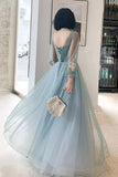 Elegant Long Sleeves Appliqued Tulle Prom Dress Floor Length Appliques Evening Dress P1249