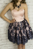 Cute A-Line Sweetheart Strapless Short Blush Satin Homecoming Dress with Appliques PH707
